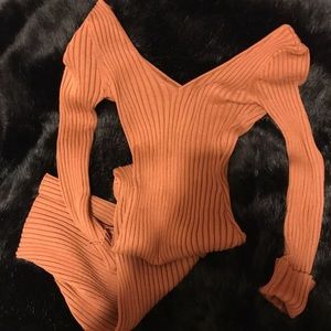 Caramel Ribbed Knit Long Sleeves Dress